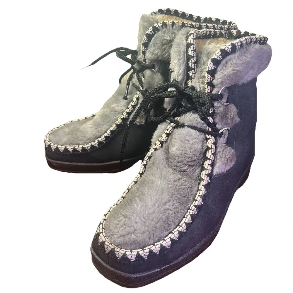Vintage 60s Snowland Fleece Lined‎ Suede Leather Nordic Snow Boots Black Size 8